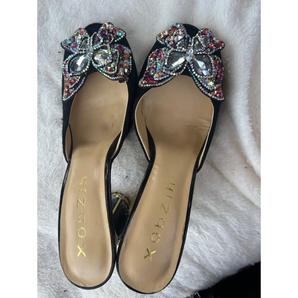 Kobzin Crystal Butterfly Mules Womens Size 11 Black Excellent Jeweled Block Heel - Picture 8 of 11